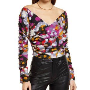 New Open Edit Off Shoulder Long Sleeve Ruched Faux Wrap Top Multi Size Small
